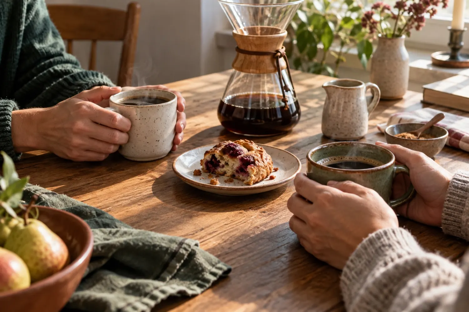 Dos personas compartiendo café en una mesa de casa